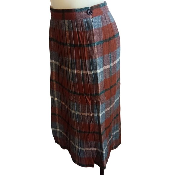 27W Medium Vintage Skirt 50's MCM Plaid Wool Pleated With Zip & Button Closure - Picture 2 of 7